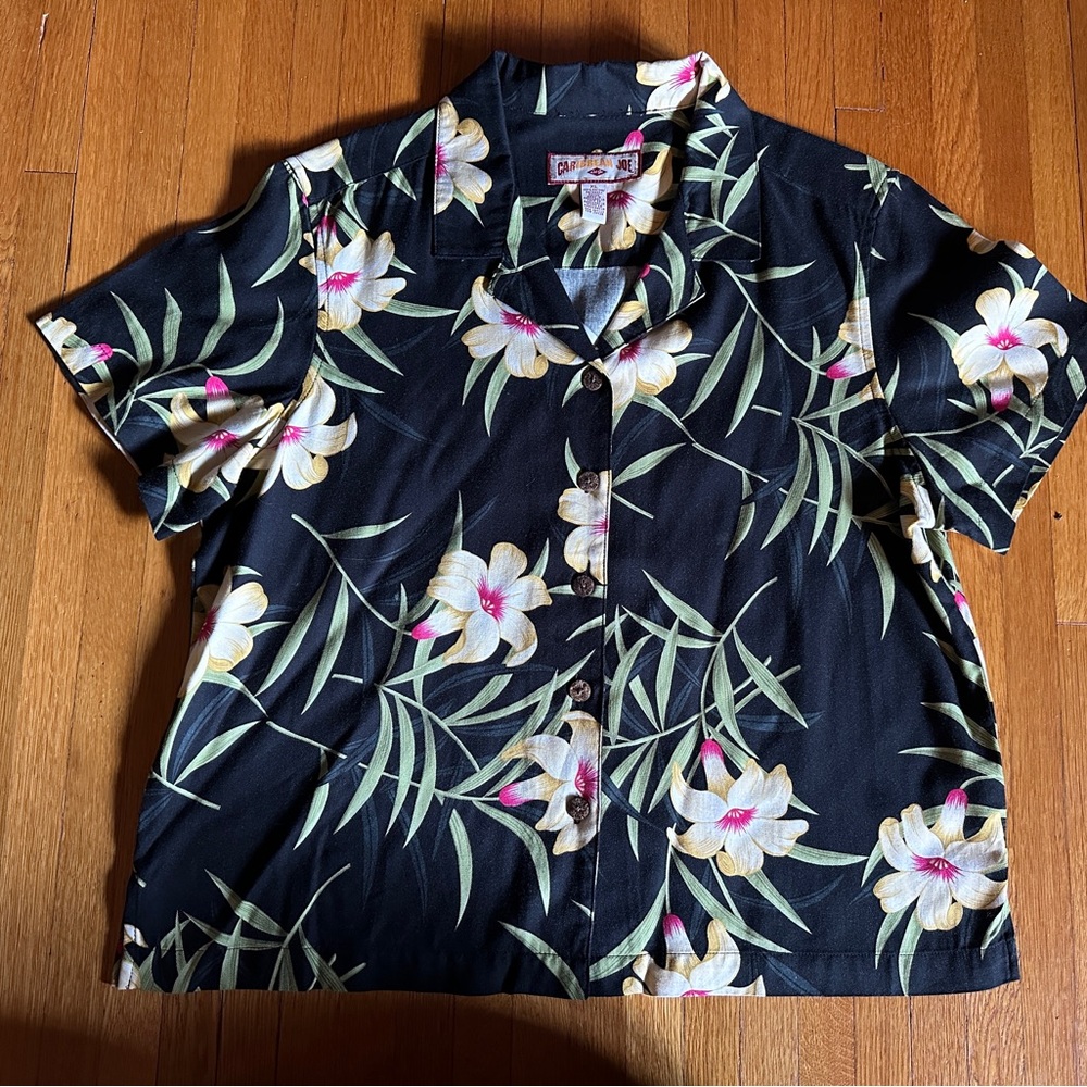 Vtg Caribbean Joe Black Hibiscus Hawaiian Shirt, Size XL